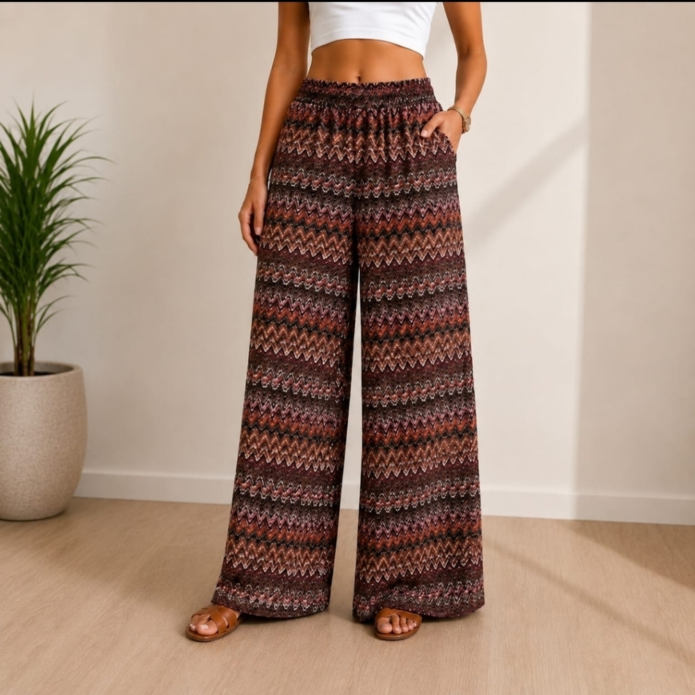 Shade & Shore Brown Multi Zigzag Wide-Leg Palazzo Pants